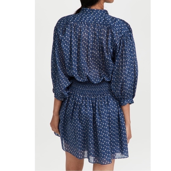 Rebecca Taylor Long Sleeve Ikat Shirtdress Indigo Blue Puff Sleeve Smocked Sz S - Picture 5 of 16